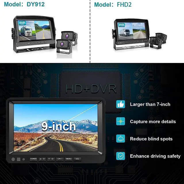 Alt view image 6 of 7 - Fookoo  HD 1080P 9" Wired Backup Camera System, 9-inch DVR Dual Split Screen Monitor, IP69 Waterproof Rear View Camera for Truck/Trailer/Box Truck/RV, Loop Record, Parking Lines (DY912)