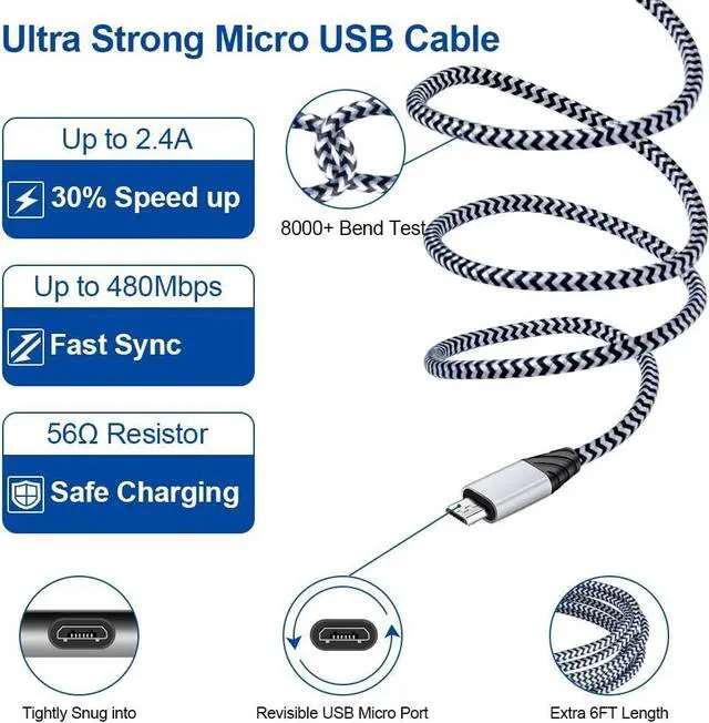 Alt view image 2 of 7 - Micro USB Cable, Charging Block, 6FT Fast Charger Android Phone Cords with 2.1A Dual Wall Charger Compatible for LG stylo 2/3 LG G3 G4 K30 K20 Plus K7 K8, Kindle Fire 7 HD 8 10 Tablet