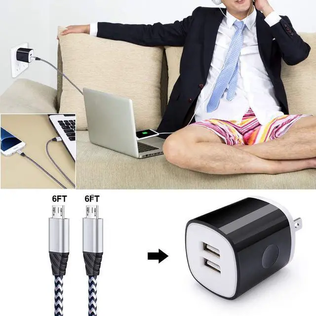 Alt view image 6 of 7 - Micro USB Cable, Charging Block, 6FT Fast Charger Android Phone Cords with 2.1A Dual Wall Charger Compatible for LG stylo 2/3 LG G3 G4 K30 K20 Plus K7 K8, Kindle Fire 7 HD 8 10 Tablet
