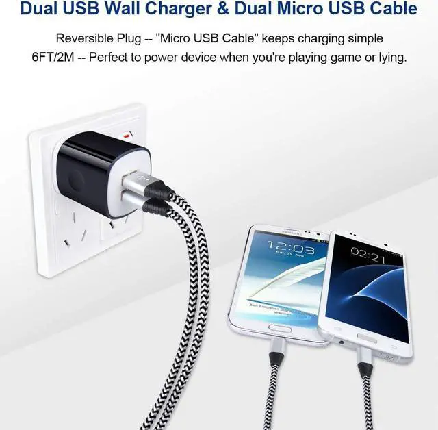 Alt view image 7 of 7 - Micro USB Cable, Charging Block, 6FT Fast Charger Android Phone Cords with 2.1A Dual Wall Charger Compatible for LG stylo 2/3 LG G3 G4 K30 K20 Plus K7 K8, Kindle Fire 7 HD 8 10 Tablet