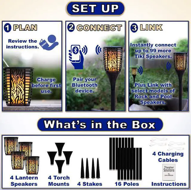 Alt view image 5 of 6 - Theater Solutions TT100 Fully Wireless 240 Watt Rechargeable Battery Bluetooth Tiki Torch Speaker 4 Pack Lanterns Link Up to 99 Speakers Wirelessly, Black (TT100-2PR)