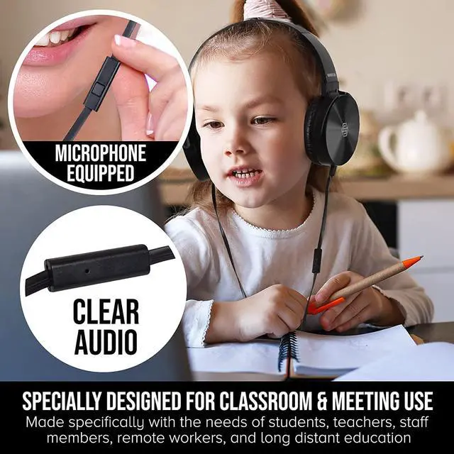 Alt view image 2 of 7 - Classroom Headphones-Bulk 10-Pack, Student On Ear Comfy Swivel Earphones for Library, School, Airplane, Kids-for Online Learning and Travel, HQ Stereo Sound 3.5mm Jack (Black with Microphone)