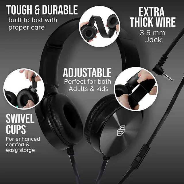Alt view image 3 of 7 - Classroom Headphones-Bulk 10-Pack, Student On Ear Comfy Swivel Earphones for Library, School, Airplane, Kids-for Online Learning and Travel, HQ Stereo Sound 3.5mm Jack (Black with Microphone)