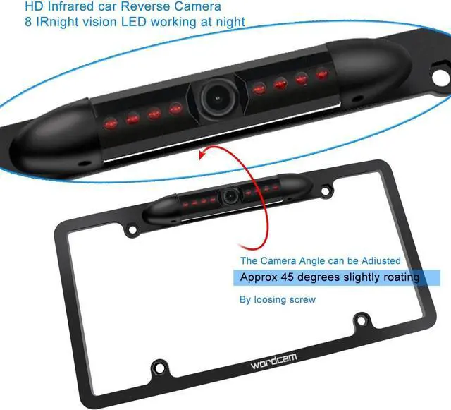 Alt view image 2 of 7 - Wordcam License Plate Frame Rear View Backup Camera 170° Viewing Angle Universal Car License Plate Frame Mount Waterproof High Sensitive 8 IR LED Night Vision Reverse Parking Aid System