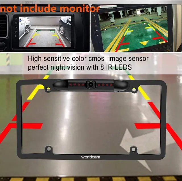 Alt view image 6 of 7 - Wordcam License Plate Frame Rear View Backup Camera 170° Viewing Angle Universal Car License Plate Frame Mount Waterproof High Sensitive 8 IR LED Night Vision Reverse Parking Aid System