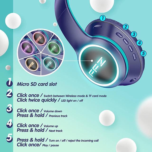 Alt view image 2 of 6 - FFZ Kids Bluetooth Headphones, Kids Wireless Headphones, Headphones for Kids for School, Built-in Microphone, Colorful LED Lights, Foldable Headset, for Ipad/Tablet/Car/Airplane(Navy Blue)
