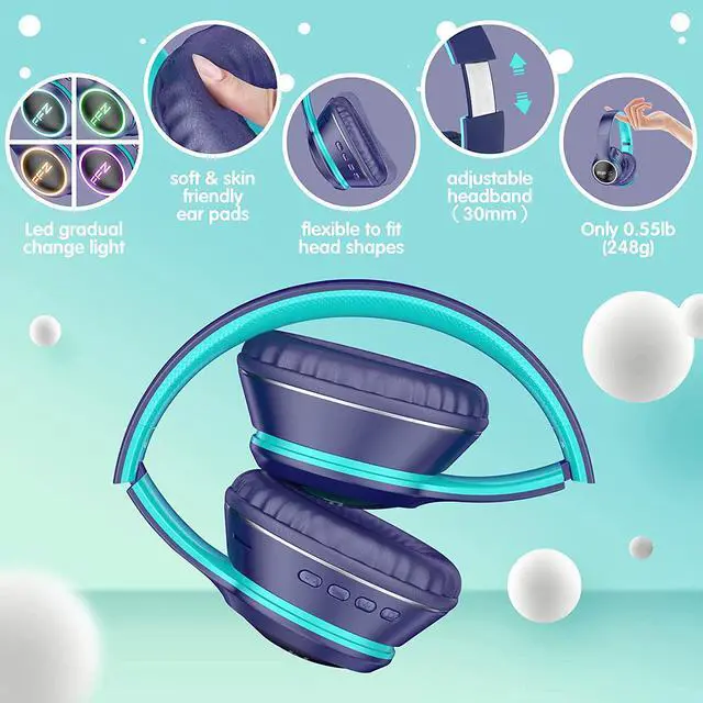 Alt view image 4 of 6 - FFZ Kids Bluetooth Headphones, Kids Wireless Headphones, Headphones for Kids for School, Built-in Microphone, Colorful LED Lights, Foldable Headset, for Ipad/Tablet/Car/Airplane(Navy Blue)
