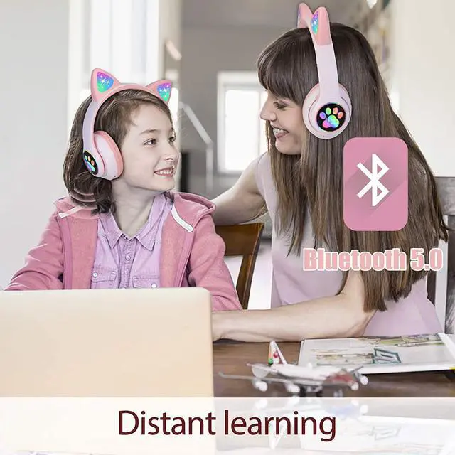 Alt view image 3 of 6 - TCJJ Kids Wireless Headphones Cat Ear LED Light Up Bluetooth Foldable Headphones Over Ear w/Microphone for Online Distant Learning (Pink)