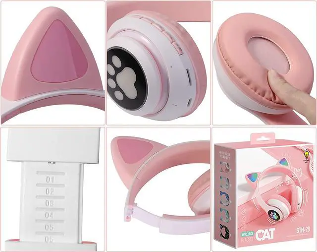 Alt view image 4 of 6 - TCJJ Kids Wireless Headphones Cat Ear LED Light Up Bluetooth Foldable Headphones Over Ear w/Microphone for Online Distant Learning (Pink)