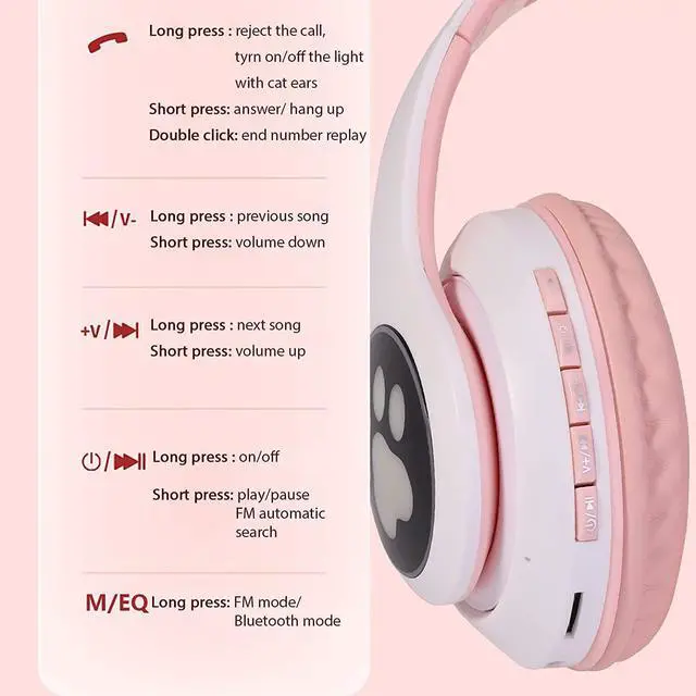 Alt view image 5 of 6 - TCJJ Kids Wireless Headphones Cat Ear LED Light Up Bluetooth Foldable Headphones Over Ear w/Microphone for Online Distant Learning (Pink)