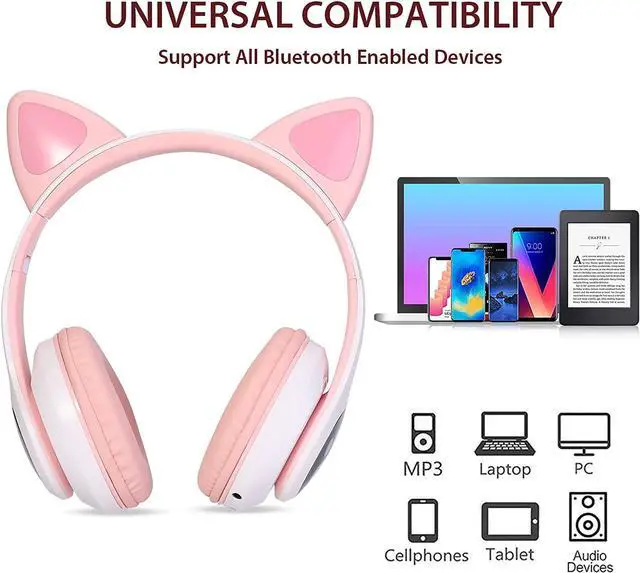 Alt view image 6 of 6 - TCJJ Kids Wireless Headphones Cat Ear LED Light Up Bluetooth Foldable Headphones Over Ear w/Microphone for Online Distant Learning (Pink)