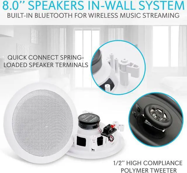 Alt view image 7 of 7 - Pyle Pair 8" Bluetooth Flush Mount In-wall In-ceiling 2-Way Universal Home Speaker System Spring Loaded Quick Connections Polypropylene Cone Polymer Tweeter Stereo Sound 250 Watts (PDICBT852RD)