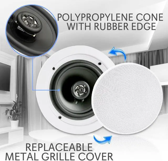 Alt view image 2 of 7 - Pyle Pair 8" Bluetooth Flush Mount In-wall In-ceiling 2-Way Universal Home Speaker System Spring Loaded Quick Connections Polypropylene Cone Polymer Tweeter Stereo Sound 250 Watts (PDICBT852RD)