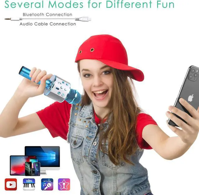 Alt view image 4 of 7 - KIDWILL Wireless Bluetooth  Microphone for Kids, 5-in-1 Portable Handheld  Mic Speaker Player Recorder with Adjustable Remix FM Radio for Kids Girls Boys Teens Birthday (858-Blue)
