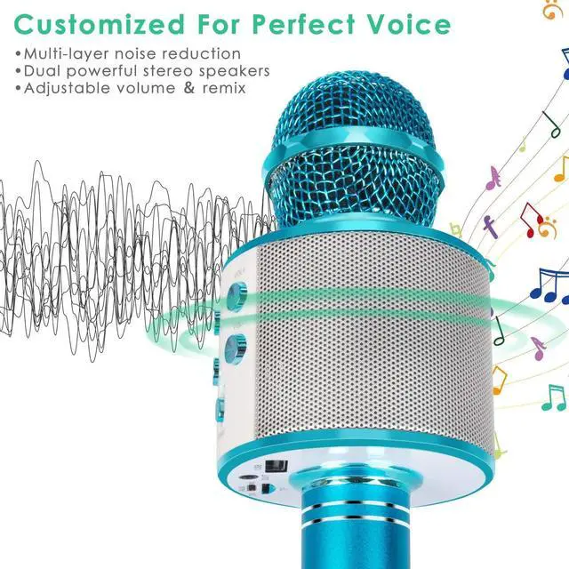 Alt view image 2 of 7 - KIDWILL Wireless Bluetooth  Microphone for Kids, 5-in-1 Portable Handheld  Mic Speaker Player Recorder with Adjustable Remix FM Radio for Kids Girls Boys Teens Birthday (858-Blue)