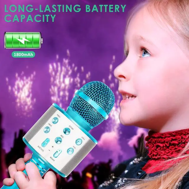 Alt view image 6 of 7 - KIDWILL Wireless Bluetooth  Microphone for Kids, 5-in-1 Portable Handheld  Mic Speaker Player Recorder with Adjustable Remix FM Radio for Kids Girls Boys Teens Birthday (858-Blue)