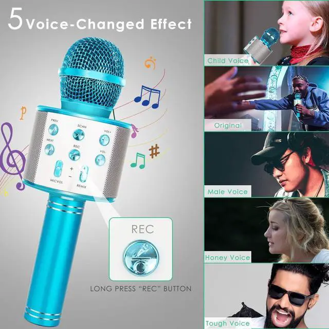 Alt view image 5 of 7 - KIDWILL Wireless Bluetooth  Microphone for Kids, 5-in-1 Portable Handheld  Mic Speaker Player Recorder with Adjustable Remix FM Radio for Kids Girls Boys Teens Birthday (858-Blue)