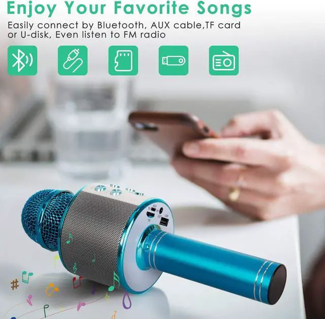 Alt view image 3 of 7 - KIDWILL Wireless Bluetooth  Microphone for Kids, 5-in-1 Portable Handheld  Mic Speaker Player Recorder with Adjustable Remix FM Radio for Kids Girls Boys Teens Birthday (858-Blue)