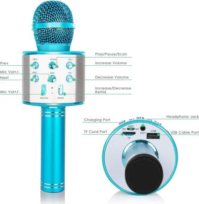 Alt view image 7 of 7 - KIDWILL Wireless Bluetooth  Microphone for Kids, 5-in-1 Portable Handheld  Mic Speaker Player Recorder with Adjustable Remix FM Radio for Kids Girls Boys Teens Birthday (858-Blue)