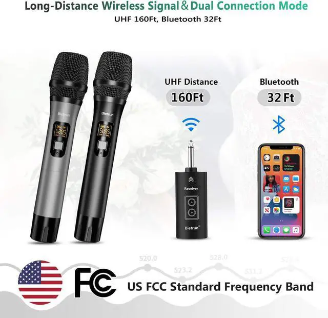 Alt view image 2 of 7 - Wireless Microphone with Bluetooth, Professional UHF Dual Handheld Dynamic Metal Mic System Set with Rechargeable Receiver, 160 ft Range, 1/4''Output, for Karaoke Machine, Singing, Amp, PA Speaker