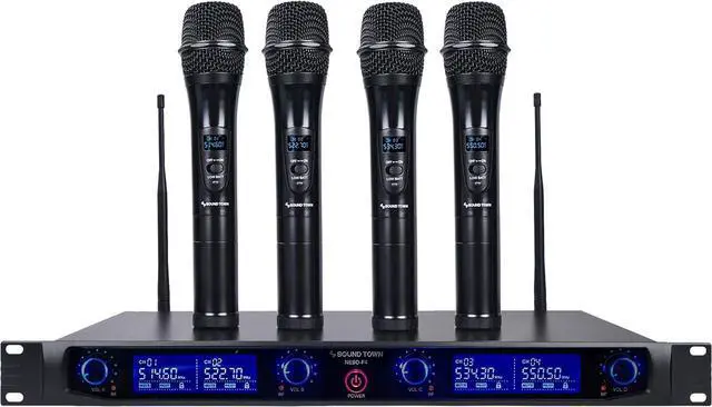Main image of Sound Town 4 Channels Professional UHF Wireless Microphone System with Rack Mountable Metal Receiver and 4 Handheld Mics, for Church, School, Outdoor Wedding, Meeting, Party and Karaoke