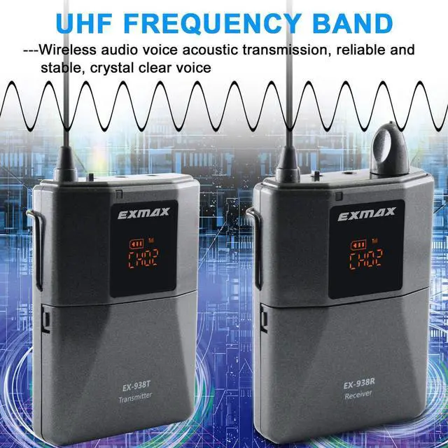 Alt view image 2 of 7 - EXMAX UHF-938 UHF Acoustic Transmission Wireless Headset Microphone Audio Tour Guide System for Church Churches Translation Teaching Travel Simultaneous Interpretation(1 Transmitter and 8 Receivers)