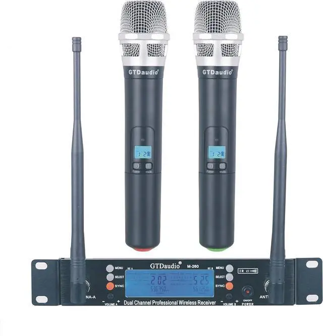 Main image of GTD Audio 2x100 Adjustable Frequency Channels UHF Wireless Microphone DJ Karaoke Mic System Long Range 400Ft, Battery 12 Hours (2 Handheld Mics)