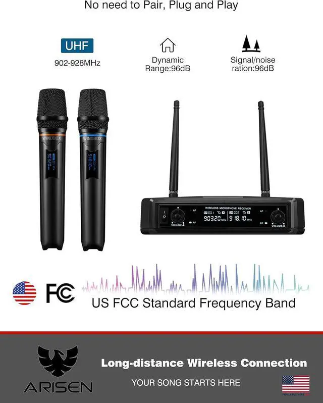 Alt view image 2 of 7 - ARISEN Wireless Microphone System, Professional  microphone UHF Dual Channel Handheld Microphone, 200ft Range Receiver and 2 Handheld Mic Set, Cordless Mic Systems for, Church, Wedding, DJ
