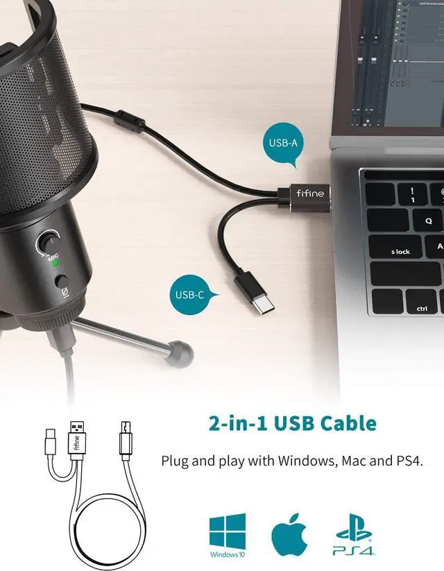 Alt view image 4 of 7 - FIFINE USB Desktop PC Microphone with Pop Filter for Computer and Mac, Studio Condenser Mic with Gain Knob Mute Button Headphone Jack for Gaming Streaming Recording YouTube, Extra USB-C Plug-K683A