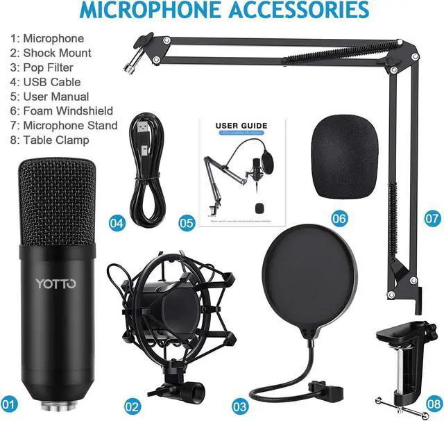 Alt view image 2 of 7 - YOTTO USB Microphone Kit 192KHZ/24BIT Plug & Play Computer PC Microphone Studio Streaming Cardioid Mic with Boom Arm Shock Mount Pop Filter for Recording Broadcasting YouTube Gaming Voice
