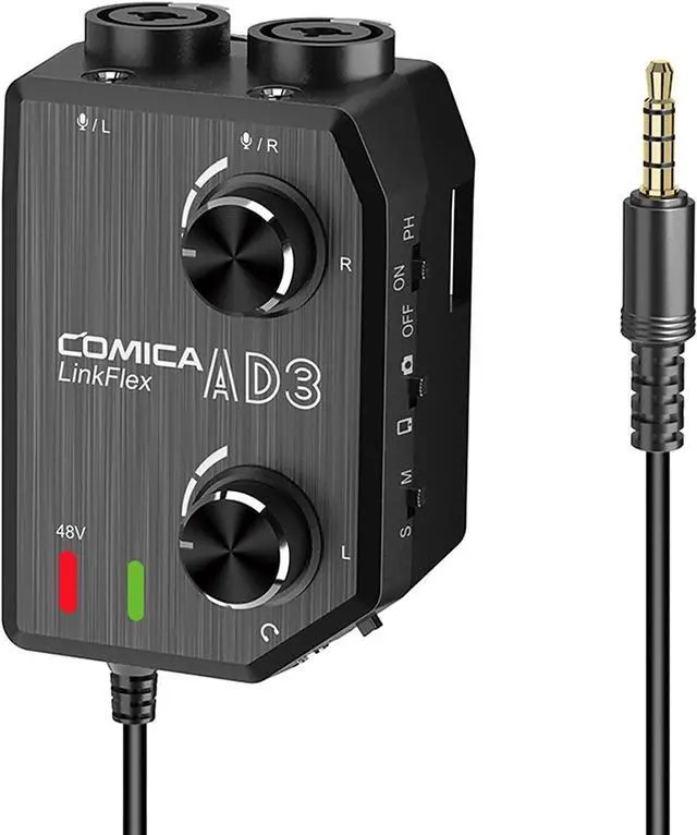 Main image of AD3 2-Channel XLR/3.5mm/6.35mm Microphone Audio Mixer Preamp with Phantom Power, Guitar Audio Interface Microphone for DSLR Cameras Camcorders iPhone iPad Mac and Android Smartphones