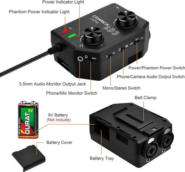 Alt view image 2 of 7 - AD3 2-Channel XLR/3.5mm/6.35mm Microphone Audio Mixer Preamp with Phantom Power, Guitar Audio Interface Microphone for DSLR Cameras Camcorders iPhone iPad Mac and Android Smartphones