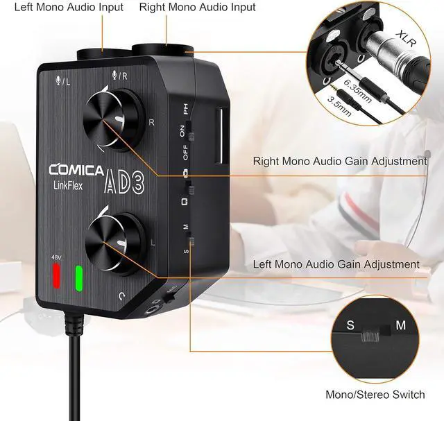Alt view image 3 of 7 - AD3 2-Channel XLR/3.5mm/6.35mm Microphone Audio Mixer Preamp with Phantom Power, Guitar Audio Interface Microphone for DSLR Cameras Camcorders iPhone iPad Mac and Android Smartphones
