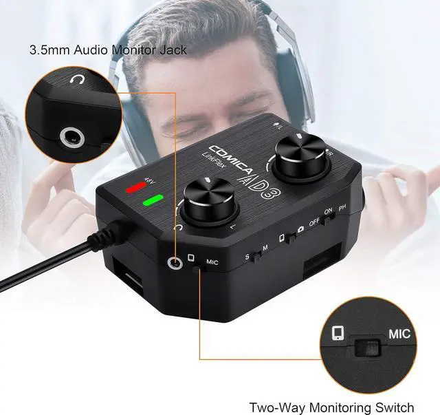 Alt view image 5 of 7 - AD3 2-Channel XLR/3.5mm/6.35mm Microphone Audio Mixer Preamp with Phantom Power, Guitar Audio Interface Microphone for DSLR Cameras Camcorders iPhone iPad Mac and Android Smartphones