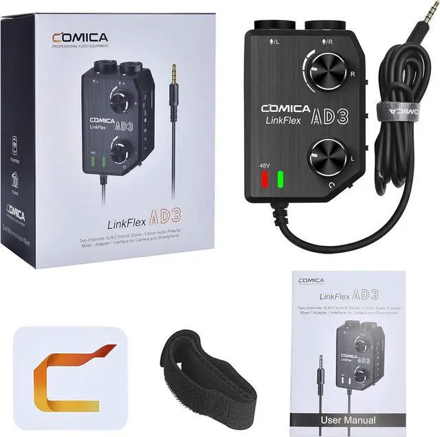 Alt view image 7 of 7 - AD3 2-Channel XLR/3.5mm/6.35mm Microphone Audio Mixer Preamp with Phantom Power, Guitar Audio Interface Microphone for DSLR Cameras Camcorders iPhone iPad Mac and Android Smartphones