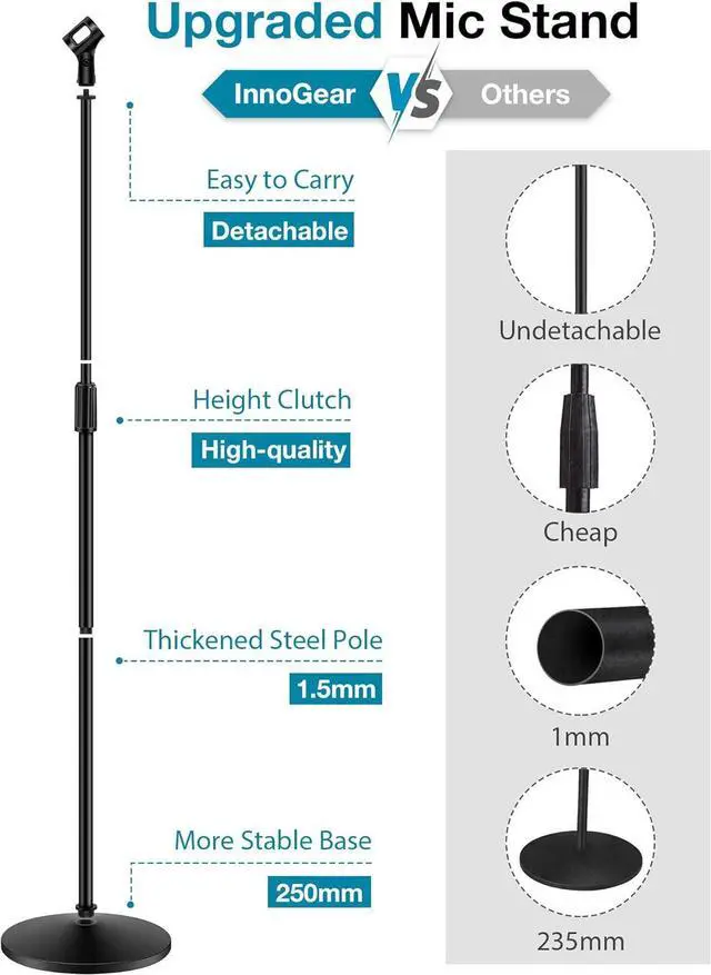 Alt view image 2 of 7 - Mic Stand Microphone Stand Floor Detachable Boom Mic Arm Stands with Weighted Round Base Height Adjustable from 34 to 60 for Blue Yeti HyperX QuadCast Shure SM58 Samson Q2U Fifine K669B