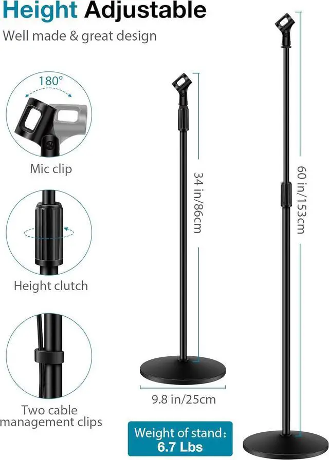 Alt view image 3 of 7 - Mic Stand Microphone Stand Floor Detachable Boom Mic Arm Stands with Weighted Round Base Height Adjustable from 34 to 60 for Blue Yeti HyperX QuadCast Shure SM58 Samson Q2U Fifine K669B