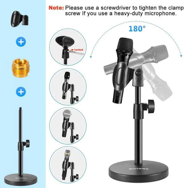 Alt view image 4 of 7 - BILIONE 3 in 1 Multi Function Desktop Microphone Stand, Adjustable Table Mic Stand with Microphone Clip, Cell Phone Clip, 5/8" Male to 3/8" Female Metal Adapter