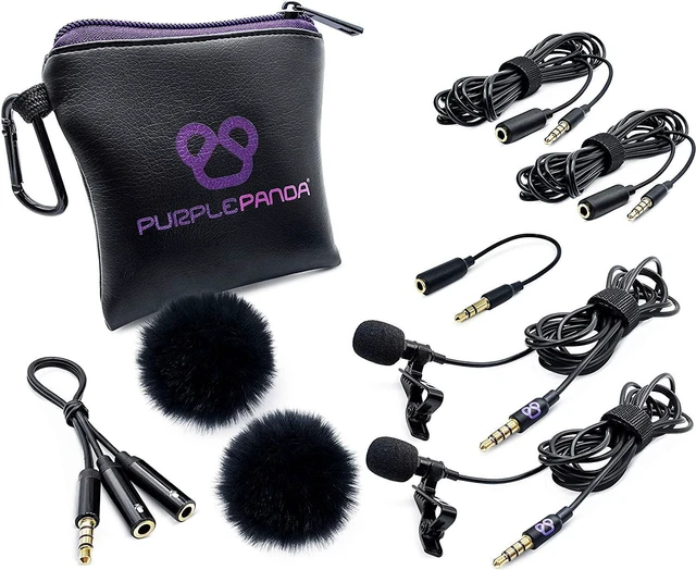 Main image of Purple Panda Lavalier Microphone Wired Set (2 Pack) Compatible with GoPro, Android Smartphone, iPhone, DSLR Camera - Ideal for Motovlogging, Content Creators, Travel, Interview, Sports & Filming