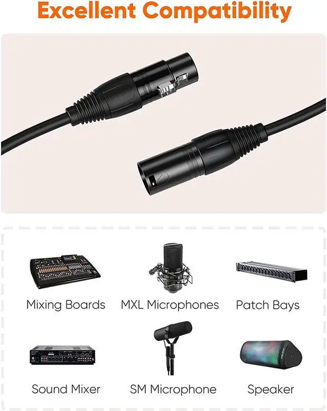 Alt view image 6 of 7 - XLR Cable,Xiaogan 10FT 3PIN XLR Male to Female Balanced Microphone Cable for Recording Applications,Mixers,Speaker Systems,DMX Lights.Black
