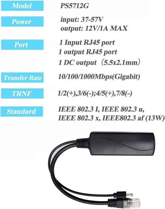Alt view image 4 of 7 - Gigabit PoE Splitter 12V 1A Output, IEEE 802.3af Standard Compliant 10, 100, 1000Mbps Power Over Ethernet Splitter Adapter for Security Camera CCTV Surveillance 5.5x2.1mm DC Plug (PS5712G)
