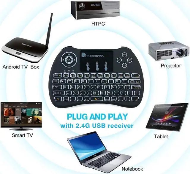 Alt view image 2 of 6 - Beastron 2.4G Mini Wireless Keyboard with TouchpadQWERTY Keyboard, Backlit Portable Keyboard Wireless with Remote Control for Laptop,PC,Tablets,Pad,Google Android TV,Xbox,PS3/4 .Black