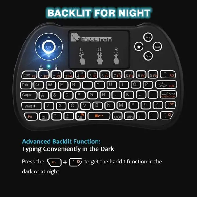 Alt view image 3 of 6 - Beastron 2.4G Mini Wireless Keyboard with TouchpadQWERTY Keyboard, Backlit Portable Keyboard Wireless with Remote Control for Laptop,PC,Tablets,Pad,Google Android TV,Xbox,PS3/4 .Black