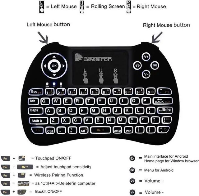 Alt view image 4 of 6 - Beastron 2.4G Mini Wireless Keyboard with TouchpadQWERTY Keyboard, Backlit Portable Keyboard Wireless with Remote Control for Laptop,PC,Tablets,Pad,Google Android TV,Xbox,PS3/4 .Black