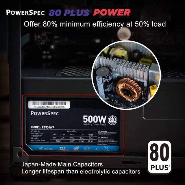 Alt view image 7 of 7 - PowerSpec 500W Power Supply 80 Plus Certified Fixed Cable Non-Modular ATX PSU Active PFC SLI Crossfire Ready Gaming PC Computer Switching Power Supply, PS500WF