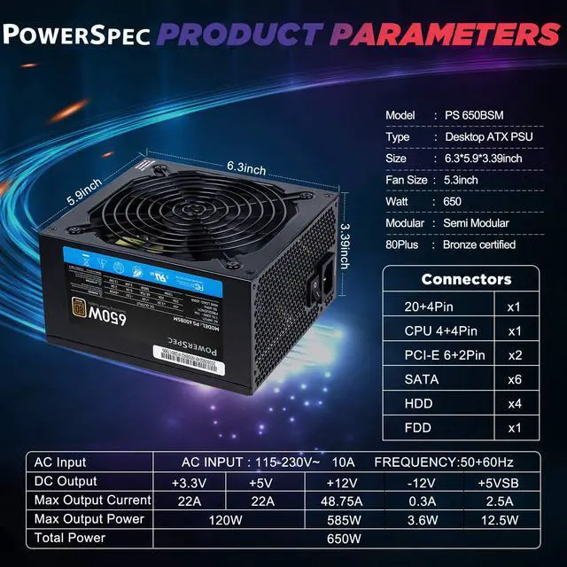Alt view image 2 of 7 - PowerSpec 650W Power Supply Semi Modular 80 Plus Bronze Certified ATX PSU Active PFC SLI Crossfire Ready Gaming PC Computer Switching Power Supply, PS 650BSM