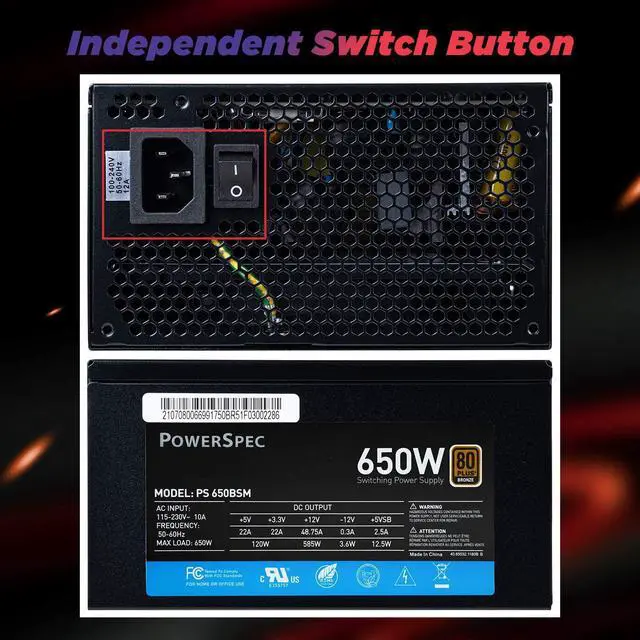 Alt view image 5 of 7 - PowerSpec 650W Power Supply Semi Modular 80 Plus Bronze Certified ATX PSU Active PFC SLI Crossfire Ready Gaming PC Computer Switching Power Supply, PS 650BSM