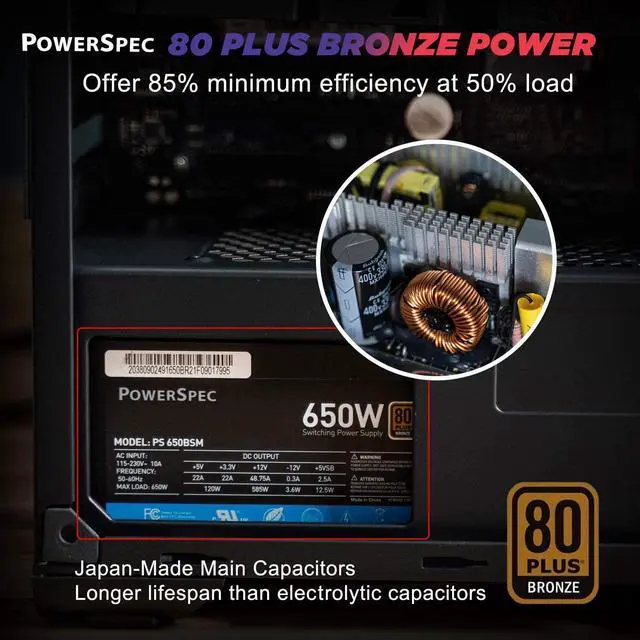 Alt view image 7 of 7 - PowerSpec 650W Power Supply Semi Modular 80 Plus Bronze Certified ATX PSU Active PFC SLI Crossfire Ready Gaming PC Computer Switching Power Supply, PS 650BSM