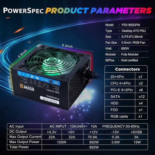 Alt view image 2 of 7 - PowerSpec 850 Watt 80 Plus Gold Fully Modular ATX Power Supply with RGB Lighting Fan Active PFC SLI Crossfire Ready Gaming PC PSU Computer Switching Power Supply, PSX 850GFM