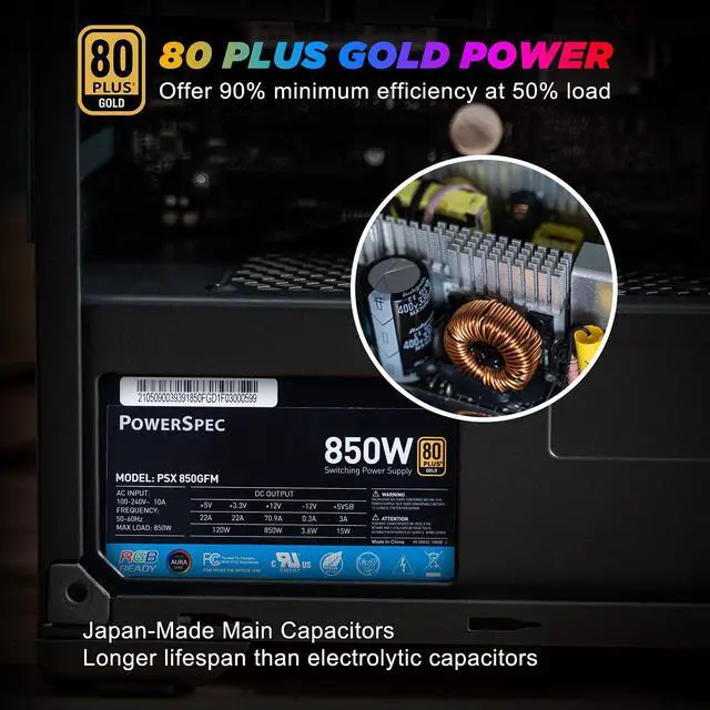 Alt view image 3 of 7 - PowerSpec 850 Watt 80 Plus Gold Fully Modular ATX Power Supply with RGB Lighting Fan Active PFC SLI Crossfire Ready Gaming PC PSU Computer Switching Power Supply, PSX 850GFM